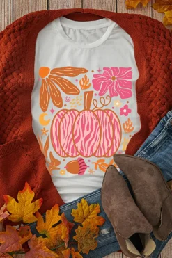 Online Dear-Lover Floral Pumpkin Printed Crewneck Thanksgiving T Shirt White
