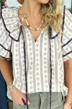 Outlet Dear-Lover Floral Ruffled Collar Short Puff Sleeve Printed Blouse White