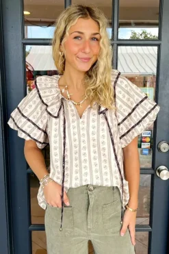 Outlet Dear-Lover Floral Ruffled Collar Short Puff Sleeve Printed Blouse White