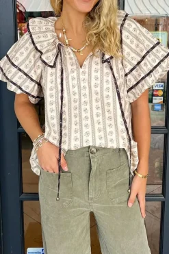 Outlet Dear-Lover Floral Ruffled Collar Short Puff Sleeve Printed Blouse White