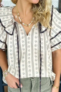 Outlet Dear-Lover Floral Ruffled Collar Short Puff Sleeve Printed Blouse White