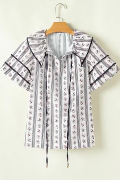 Outlet Dear-Lover Floral Ruffled Collar Short Puff Sleeve Printed Blouse White