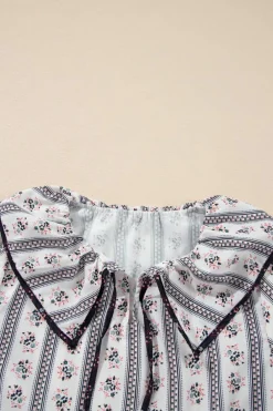Outlet Dear-Lover Floral Ruffled Collar Short Puff Sleeve Printed Blouse White