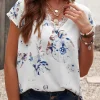 Online Dear-Lover Floral Scalloped V Neck Short Sleeves Top White