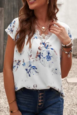 Online Dear-Lover Floral Scalloped V Neck Short Sleeves Top White