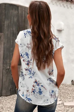 Online Dear-Lover Floral Scalloped V Neck Short Sleeves Top White
