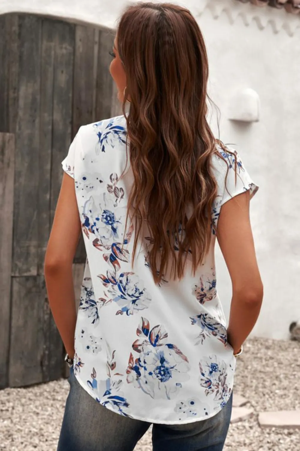 Online Dear-Lover Floral Scalloped V Neck Short Sleeves Top White