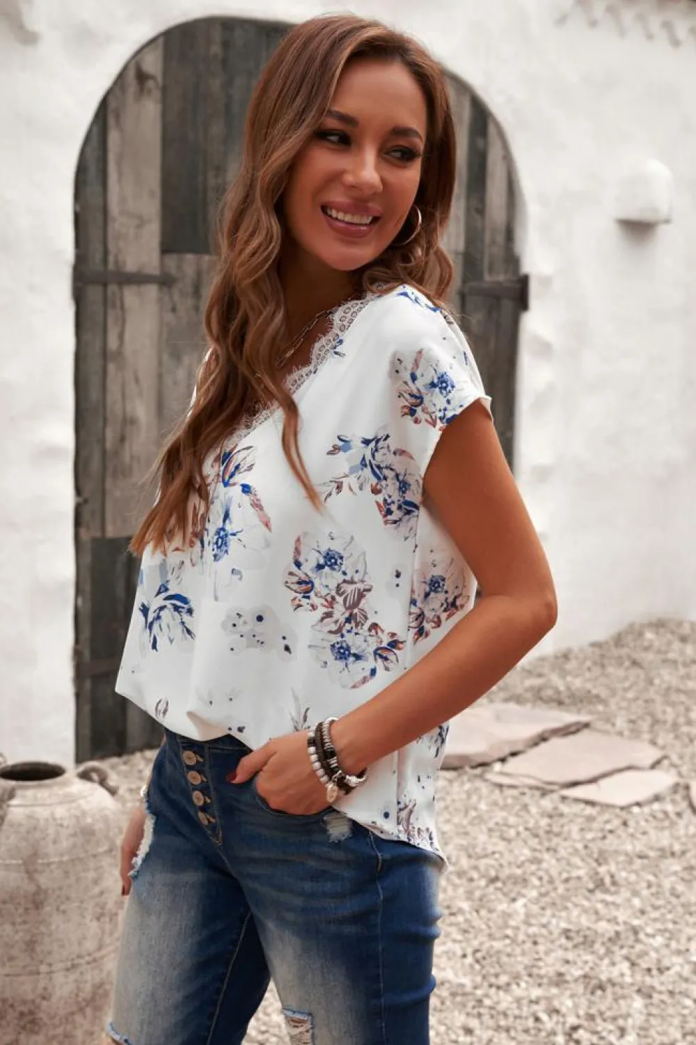Online Dear-Lover Floral Scalloped V Neck Short Sleeves Top White