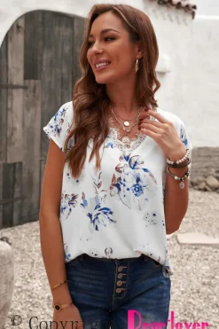 Online Dear-Lover Floral Scalloped V Neck Short Sleeves Top White