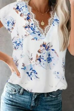 Online Dear-Lover Floral Scalloped V Neck Short Sleeves Top White