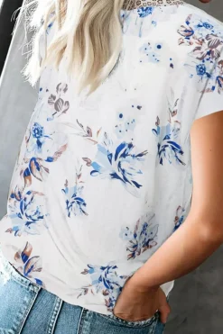 Online Dear-Lover Floral Scalloped V Neck Short Sleeves Top White