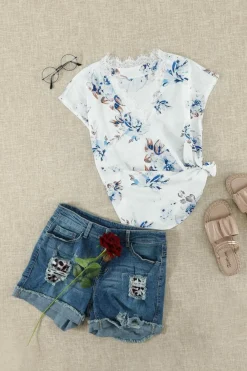 Online Dear-Lover Floral Scalloped V Neck Short Sleeves Top White