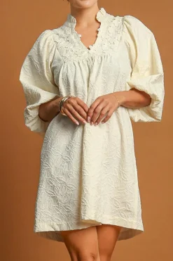 Fashion Dear-Lover Floral Textured Bubble Sleeve Frilled Notched Neck Dress White