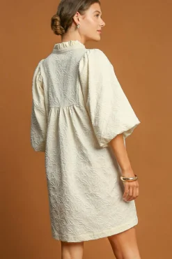 Fashion Dear-Lover Floral Textured Bubble Sleeve Frilled Notched Neck Dress White