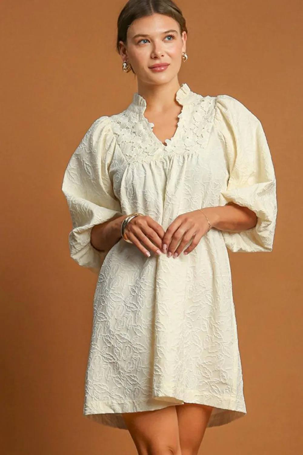Fashion Dear-Lover Floral Textured Bubble Sleeve Frilled Notched Neck Dress White