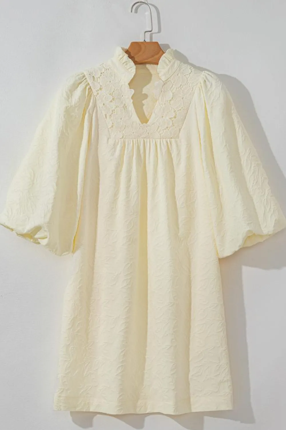 Fashion Dear-Lover Floral Textured Bubble Sleeve Frilled Notched Neck Dress White