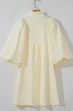 Fashion Dear-Lover Floral Textured Bubble Sleeve Frilled Notched Neck Dress White