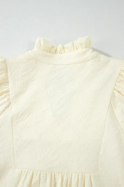 Fashion Dear-Lover Floral Textured Bubble Sleeve Frilled Notched Neck Dress White