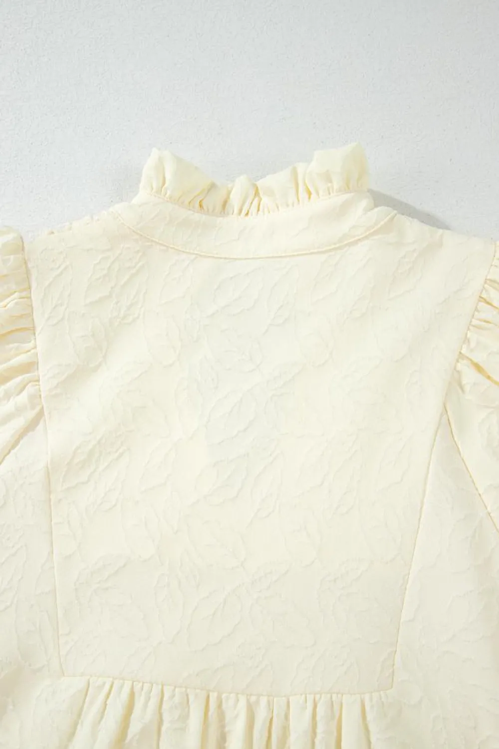 Fashion Dear-Lover Floral Textured Bubble Sleeve Frilled Notched Neck Dress White