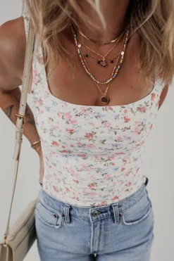 Discount Dear-Lover Floral Textured Square Neck Sleeveless Bodysuit White