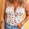 Online Dear-Lover Floral V Cut Frilled Trim Spaghetti Straps Bodysuit White