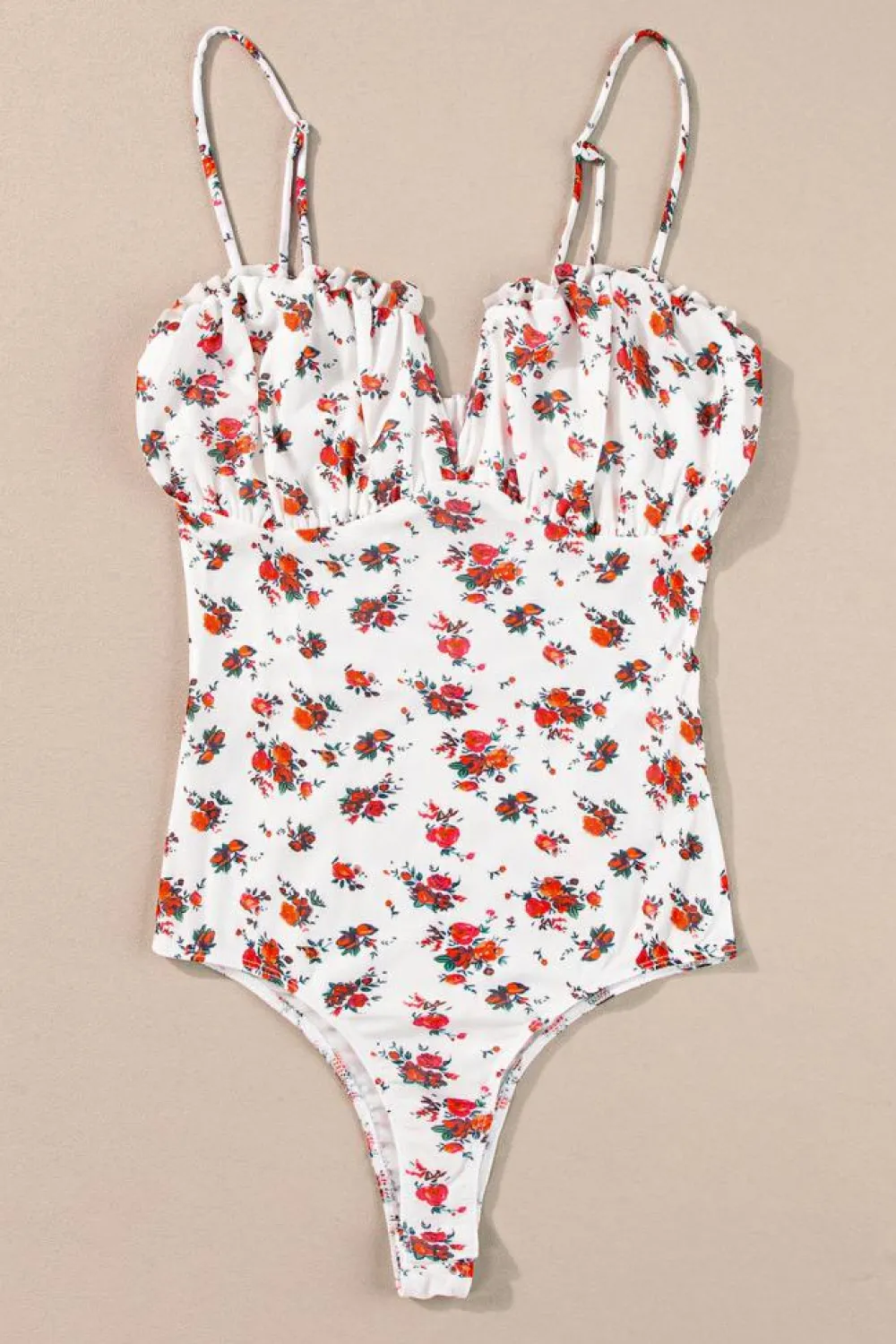 Online Dear-Lover Floral V Cut Frilled Trim Spaghetti Straps Bodysuit White