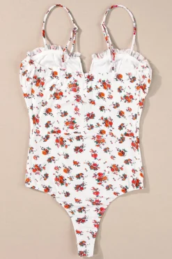 Online Dear-Lover Floral V Cut Frilled Trim Spaghetti Straps Bodysuit White