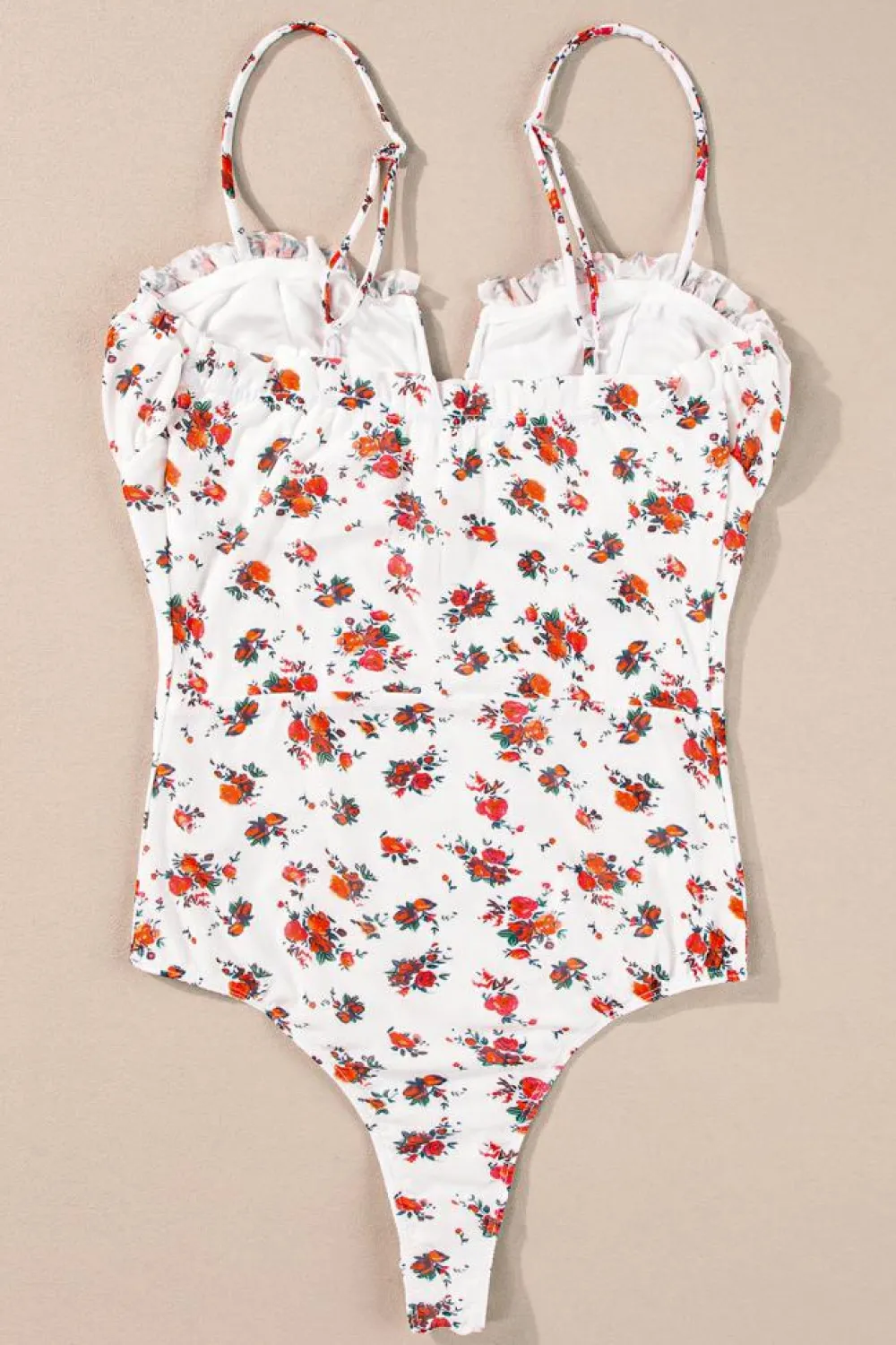 Online Dear-Lover Floral V Cut Frilled Trim Spaghetti Straps Bodysuit White