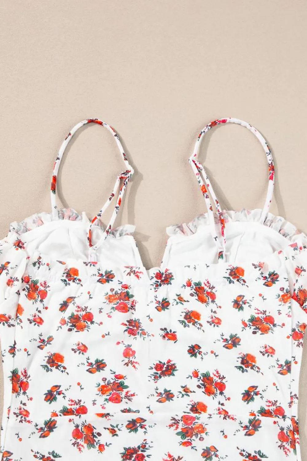 Online Dear-Lover Floral V Cut Frilled Trim Spaghetti Straps Bodysuit White