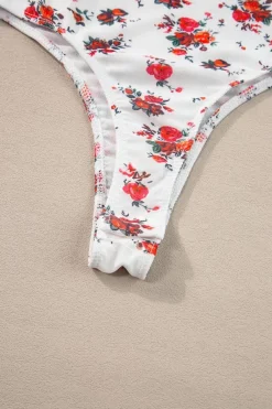 Online Dear-Lover Floral V Cut Frilled Trim Spaghetti Straps Bodysuit White