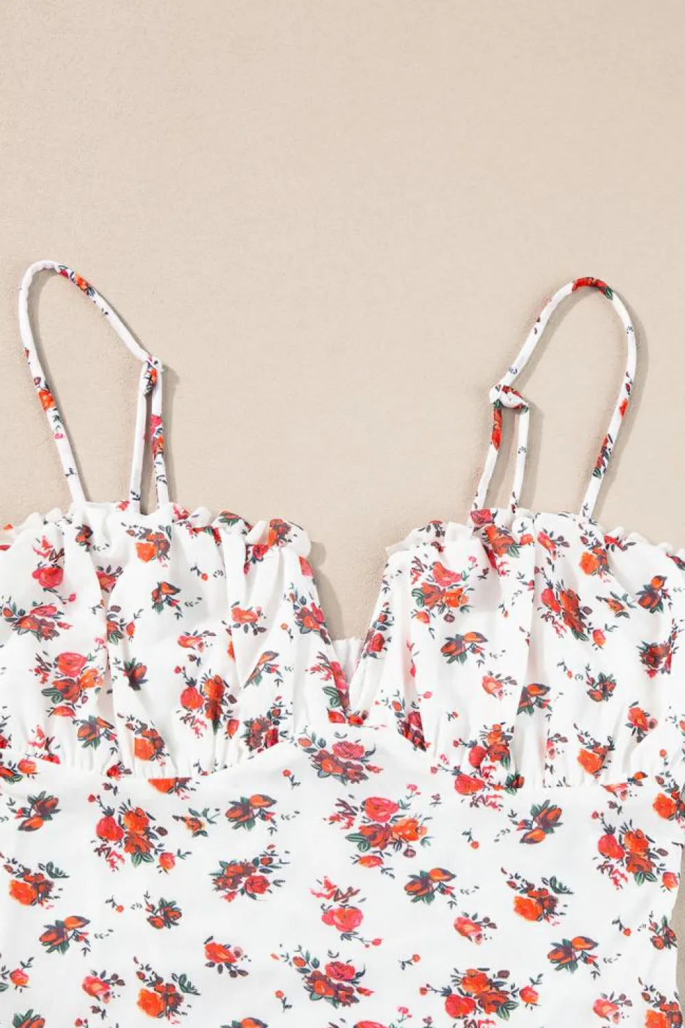 Online Dear-Lover Floral V Cut Frilled Trim Spaghetti Straps Bodysuit White