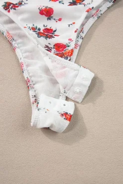 Online Dear-Lover Floral V Cut Frilled Trim Spaghetti Straps Bodysuit White