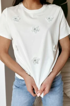 Sale Dear-Lover Flower Applique Round Neck T-shirt White