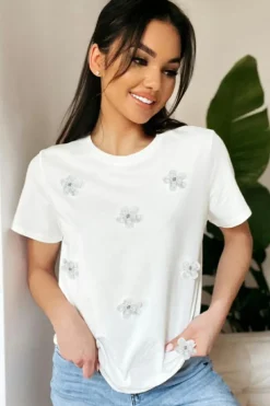Sale Dear-Lover Flower Applique Round Neck T-shirt White
