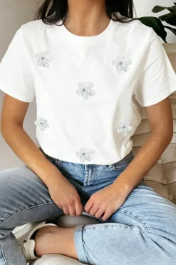 Sale Dear-Lover Flower Applique Round Neck T-shirt White