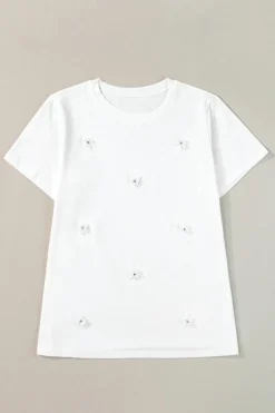 Sale Dear-Lover Flower Applique Round Neck T-shirt White