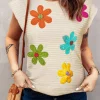 Fashion Dear-Lover Flower Crochet Round Neck Knitted Top White