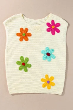 Fashion Dear-Lover Flower Crochet Round Neck Knitted Top White