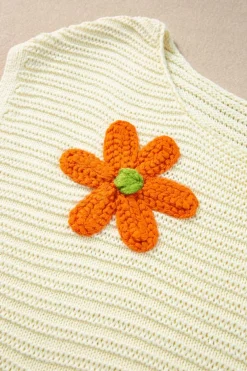 Fashion Dear-Lover Flower Crochet Round Neck Knitted Top White