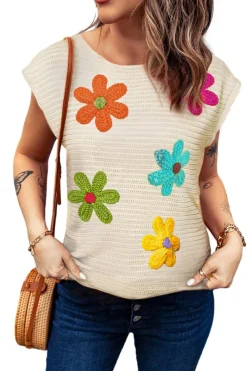 Fashion Dear-Lover Flower Crochet Round Neck Knitted Top White