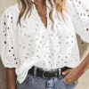 Fashion Dear-Lover Flower Embroidered Hollow-out Puff Sleeve Blouse White