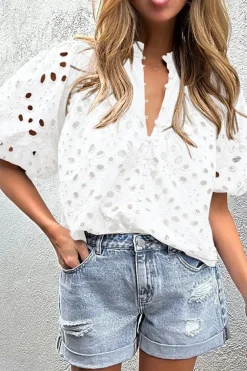 Fashion Dear-Lover Flower Embroidered Hollow-out Puff Sleeve Blouse White