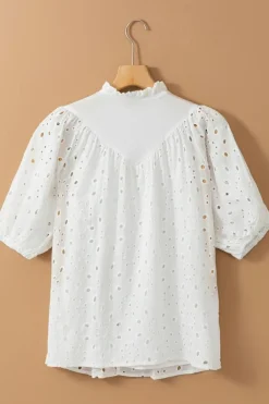 Fashion Dear-Lover Flower Embroidered Hollow-out Puff Sleeve Blouse White