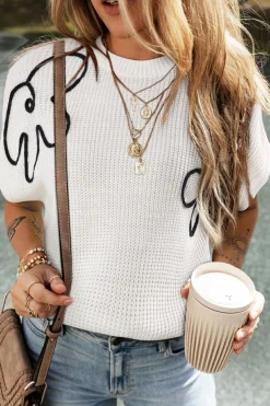 New Dear-Lover Flower Embroidery Sweater Top White