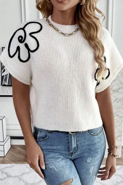 New Dear-Lover Flower Embroidery Sweater Top White