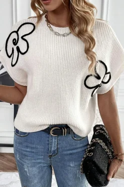 New Dear-Lover Flower Embroidery Sweater Top White