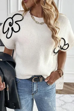 New Dear-Lover Flower Embroidery Sweater Top White