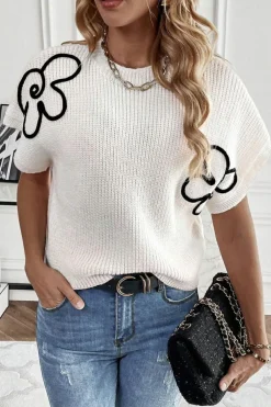 New Dear-Lover Flower Embroidery Sweater Top White