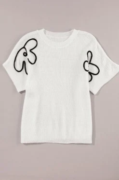 New Dear-Lover Flower Embroidery Sweater Top White