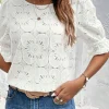 Fashion Dear-Lover Flower Eyelet Jacquard Keyhole Flounce Sleeve Top White